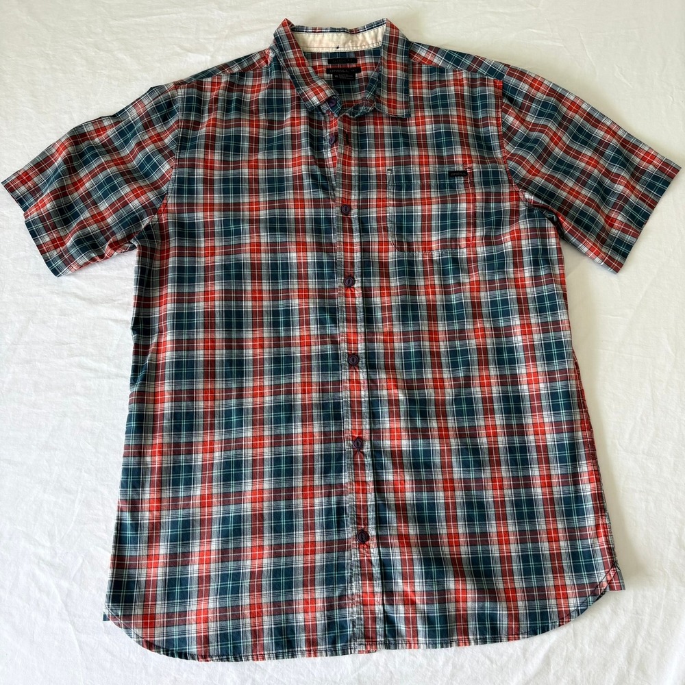 ONeill Mens XL Classic Fit Short Sleeve‎ Plaid Button Up Shirt Red Blue 25104103